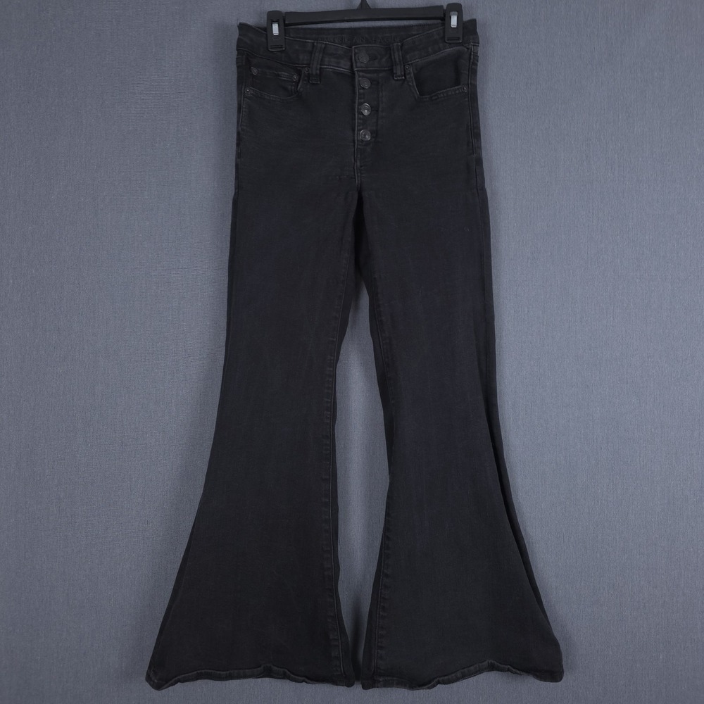 American Eagle Festival Flare Jeans Womens 6 (Fits 28x30) Black Button Fly Denim